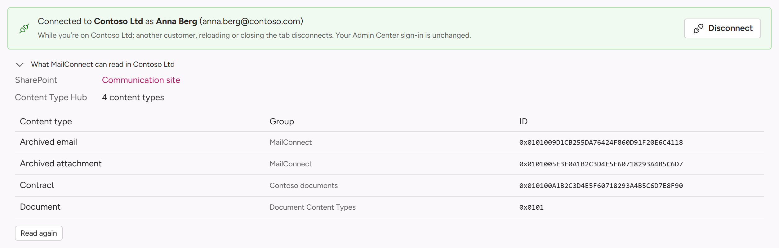 The green “Connected to Contoso Ltd as Anna Berg” strip with Disconnect, and What MailConnect can read in Contoso Ltd expanded: the SharePoint root site and the content types in the Content Type Hub, with Read again