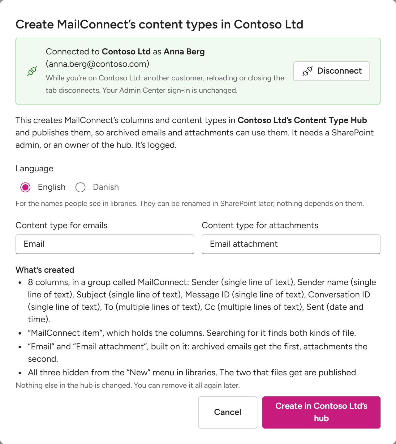 The Create MailConnect’s content types dialog: the language choice, the names of the two content types, and what’s created