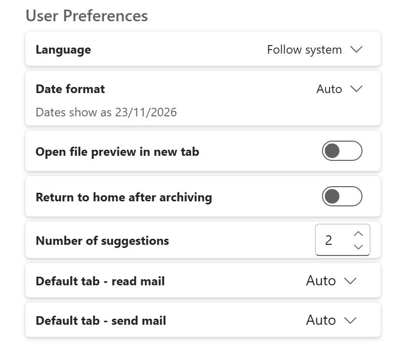The User Preferences in MailConnect’s Settings: Language, Date format, the two switches, Number of suggestions and the default tabs