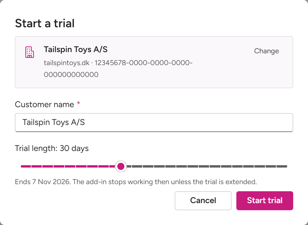 The Start a trial dialog after Lookup: the tenant found, Customer name, and the Trial length slider with the end date